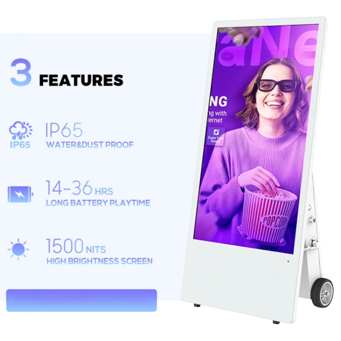 AVMS Outdoor Akku Digital A-Board 43" – 1500 cd/m², IP66, 12–35h Laufzeit, Android 11 (RK3568V, 2GB/32GB)