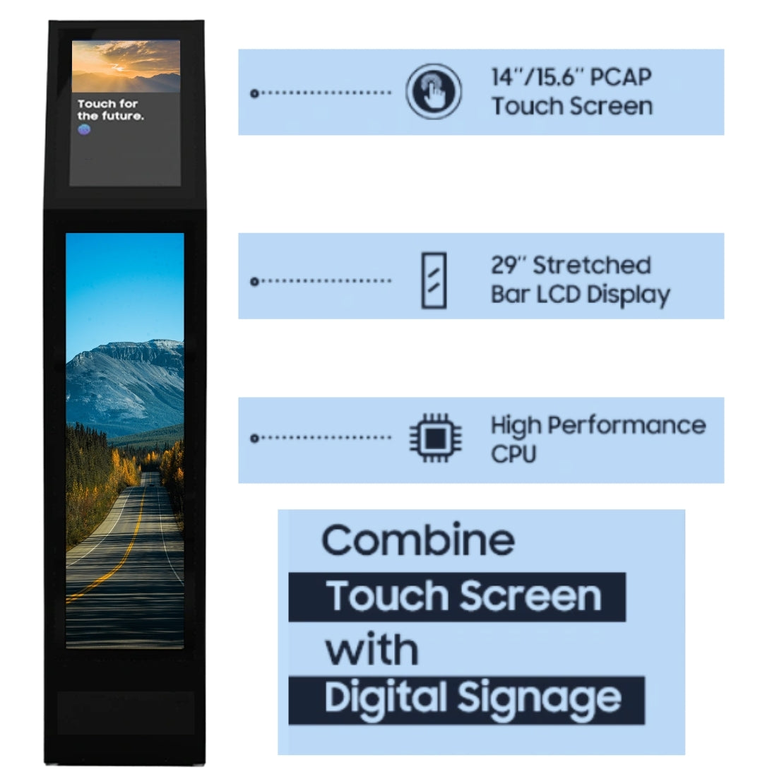 Dual-Display Stele – 15,6" PCAP Touch + 29" Stretch-Bar, Android 11, WLAN