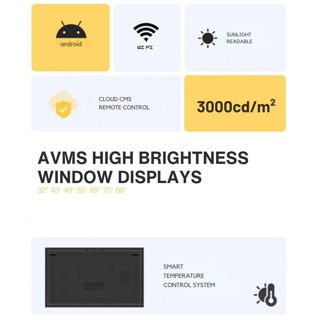 55" 4K High-Brightness Schaufenster-Display – 3000 cd/m², 24/7, AVMS Window Signage inkl. RK3576 Android Player (8GB/128GB, WiFi 6)